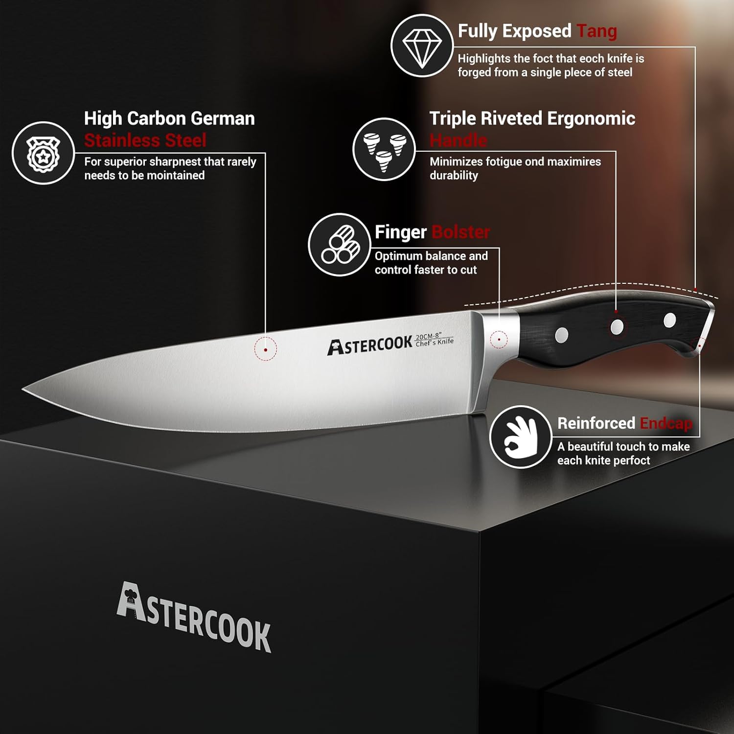 Astercook – Juego de cuchillos de cocina de 15 piezas de triple remache, juego de cuchillos de acero inoxidable de alto carbono para cocina con