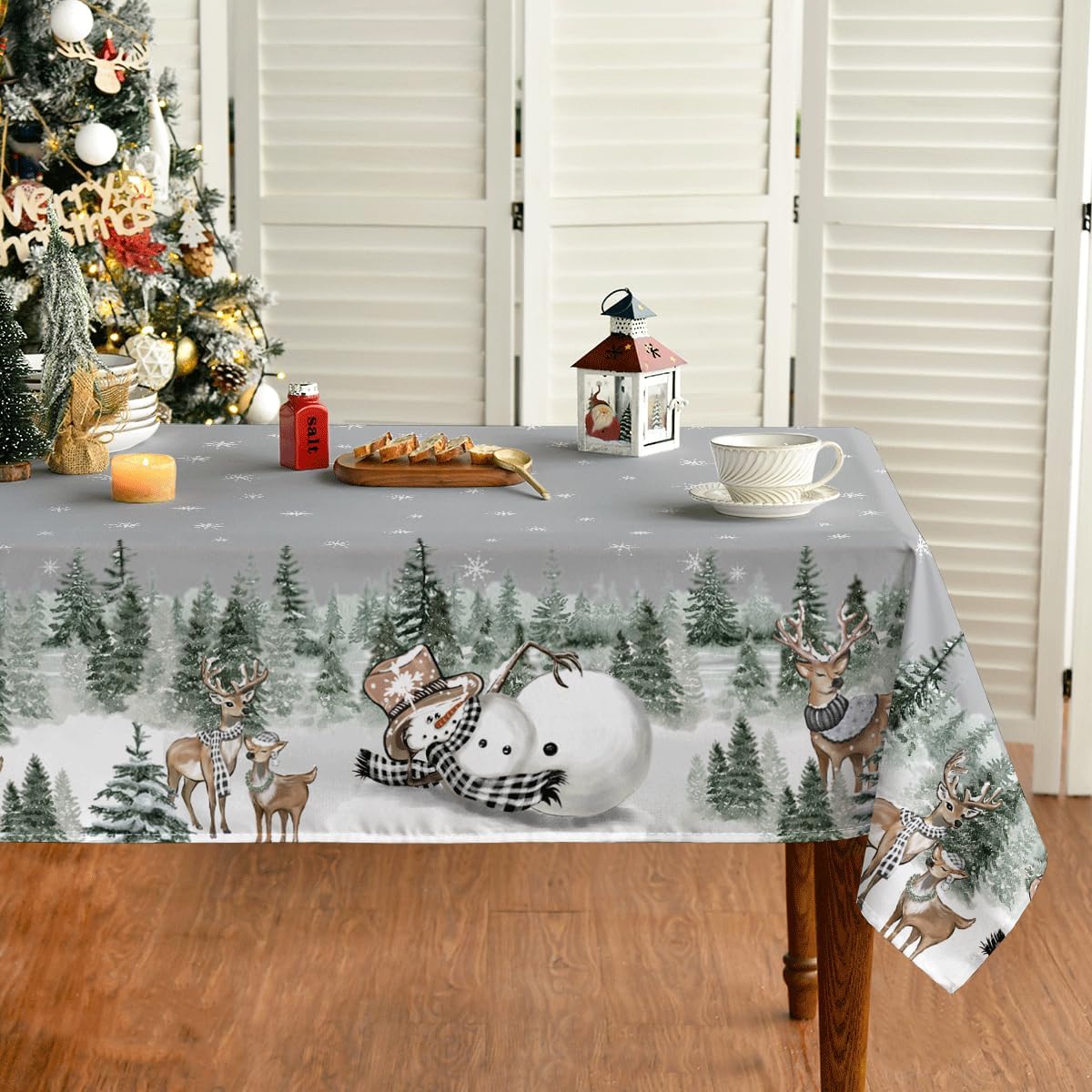 Horaldaily Mantel de Navidad rectangular de 60 x 120 pulgadas, diseño de ciervos, muñeco de nieve, árboles, gris, lavable, para fiesta, picnic,