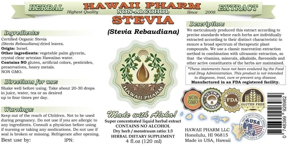 HawaiiPharm Stevia Extracto líquido sin alcohol, Stevia orgánica (Stevia Rebaudiana) Suplemento herbario natural de glicerita de hoja seca, Estados