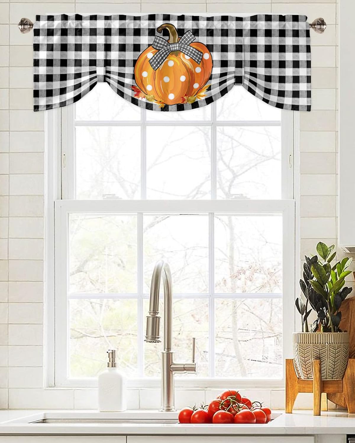 Cortina de cenefa de amarre de 42 x 18 pulgadas para ventanas, diseño de calabaza de Acción de Gracias, color negro y blanco, a cuadros, ajustable,