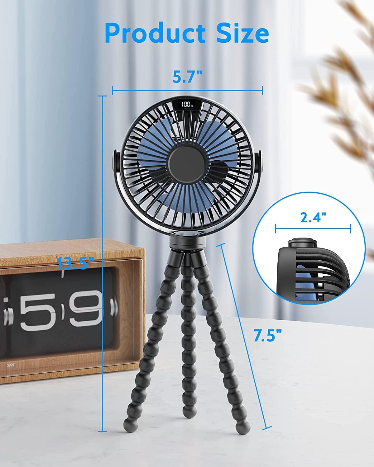 Ventilador portátil para cochecito de bebé, batería recargable con pantalla LED, potente ventilador de clip, trípode de pulpo, ventilador personal