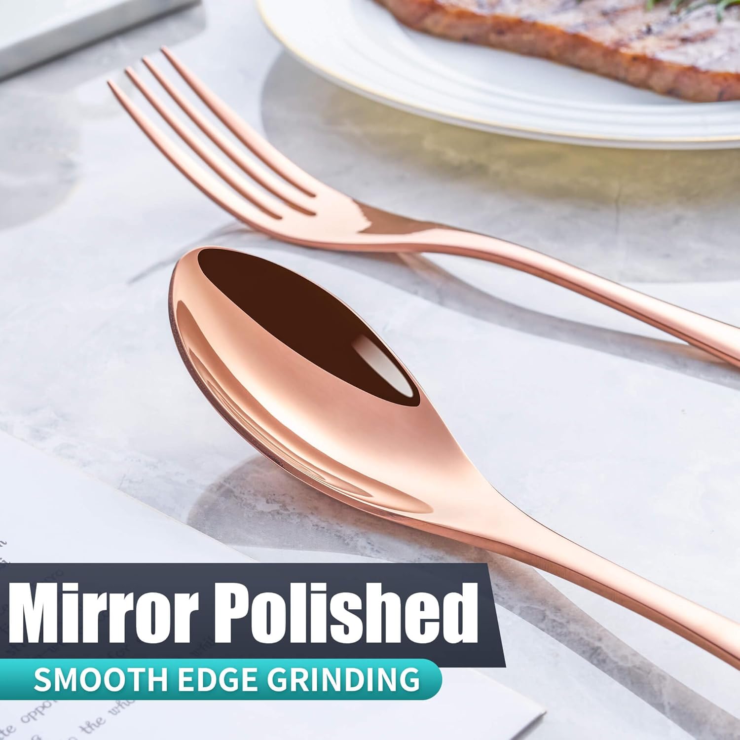 Joincook Juego de cubiertos de 24 piezas de oro rosa con cuchillos de carne para 4, moderno juego de cubiertos de acero inoxidable 1810, juego de