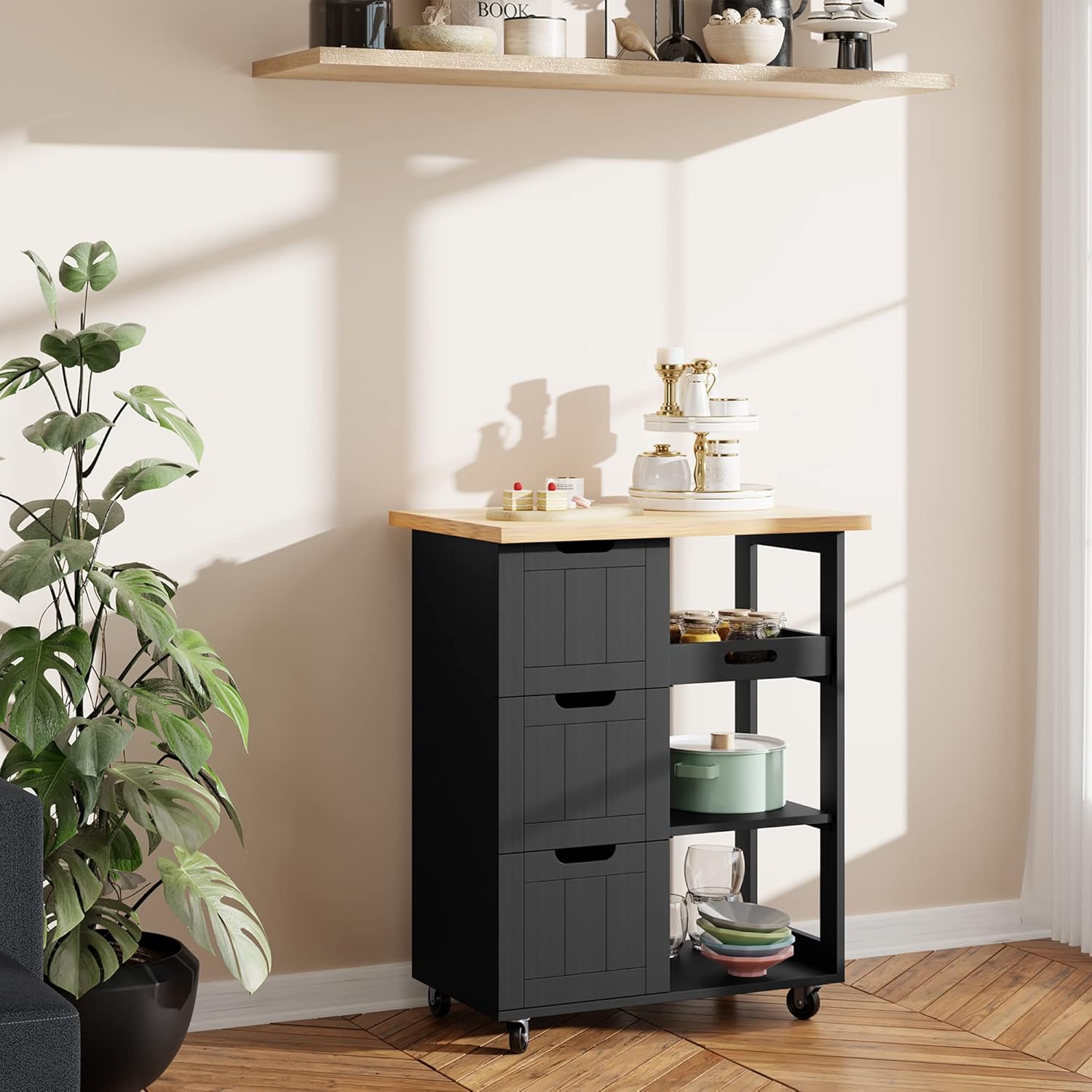 QAQA – Carrito de isla de cocina con almacenamiento, carrito de cocina con 3 cajones y estantes abiertos, armario de cocina con ruedas para comedor,