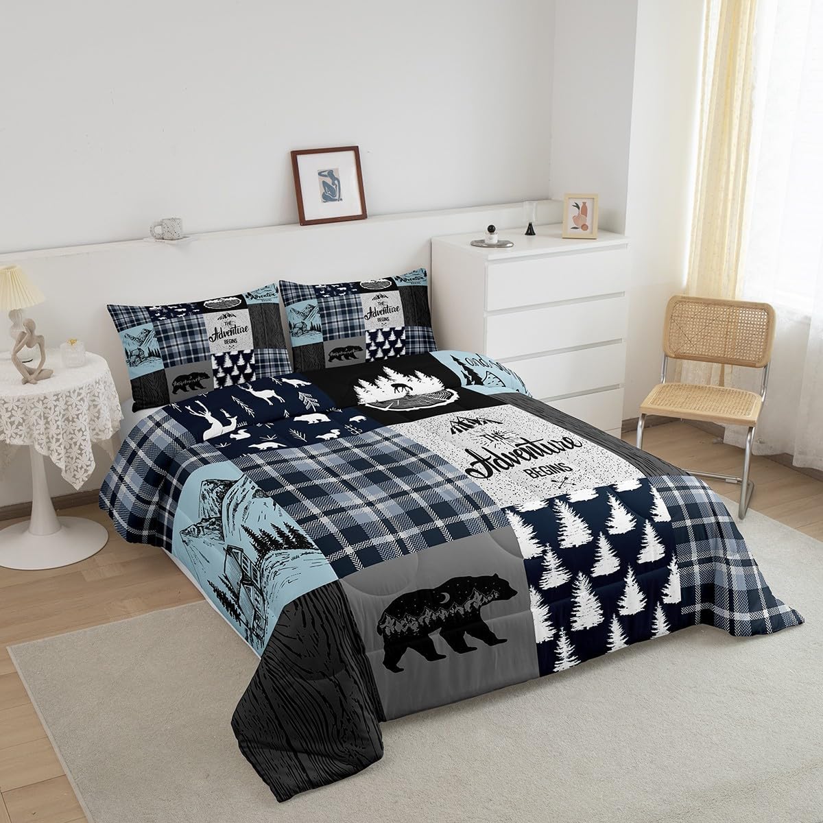 Juego de ropa de cama de cabaña retro rústica tamaño King, juego de edredón de oso y ciervos para niños, adolescentes y adultos, edredón de caza de