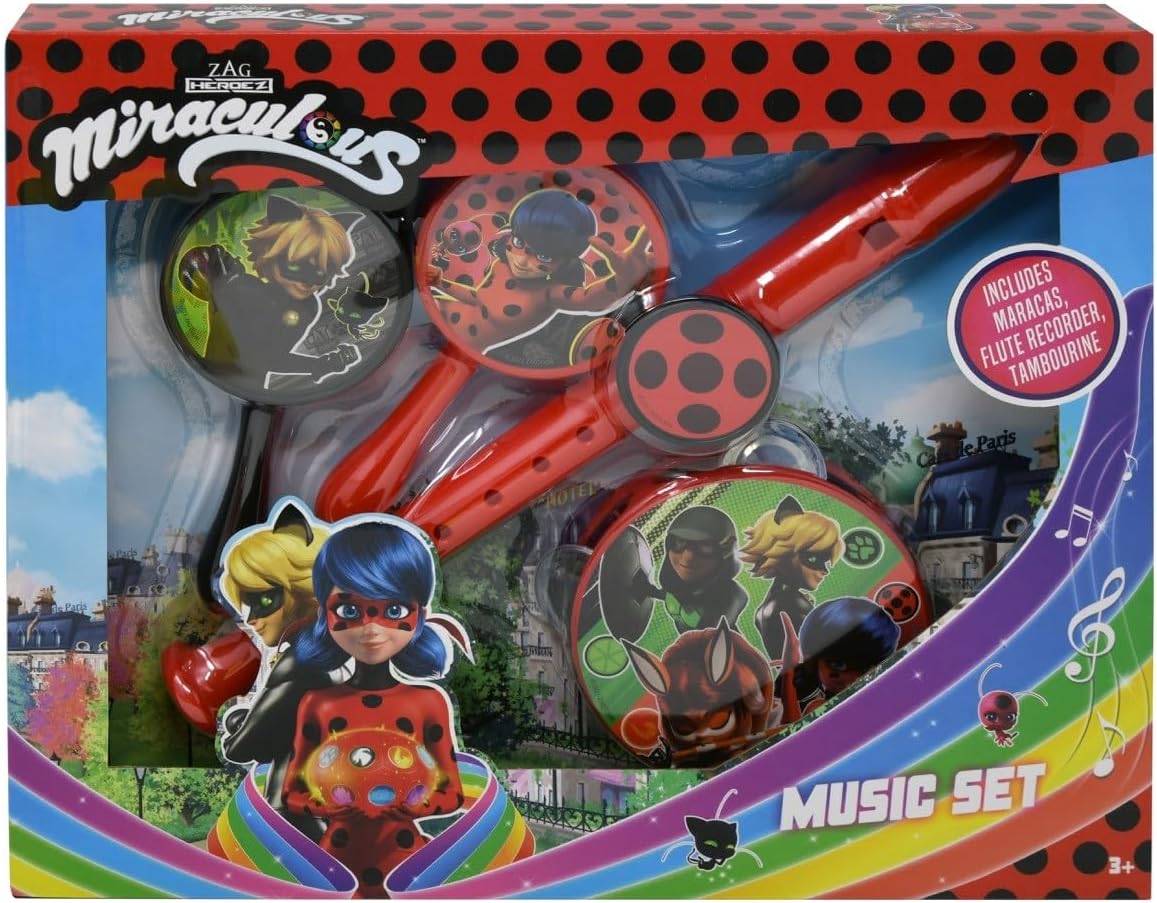 UPD Miraculous Ladybug – Set de música básica, juego de instrumentos musicales para niños con maracas, pandereta y flauta para aprender música,