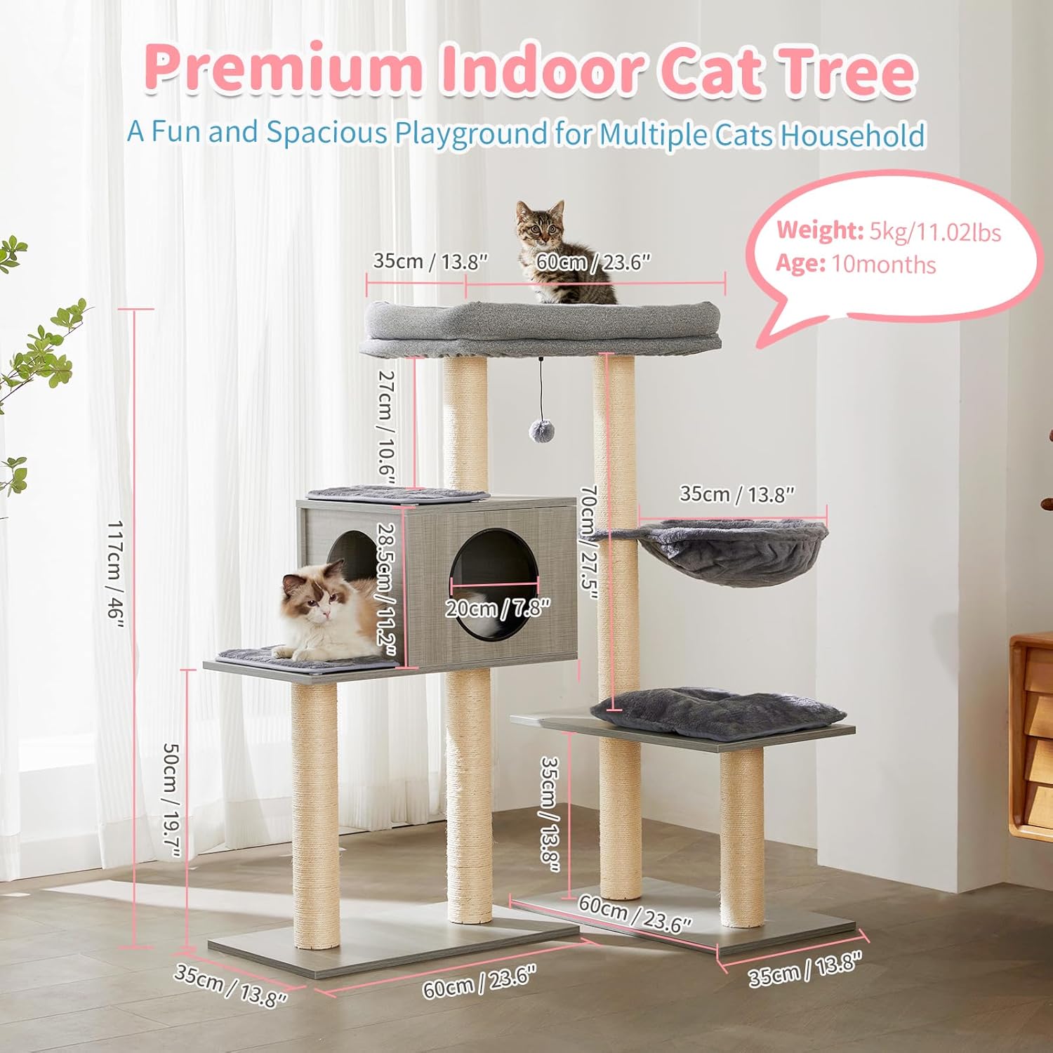 Made4Pets – Árboles para gatos grandes de interior, torre moderna para gatos con poste rascador de sisal, condominio de escalada de madera para