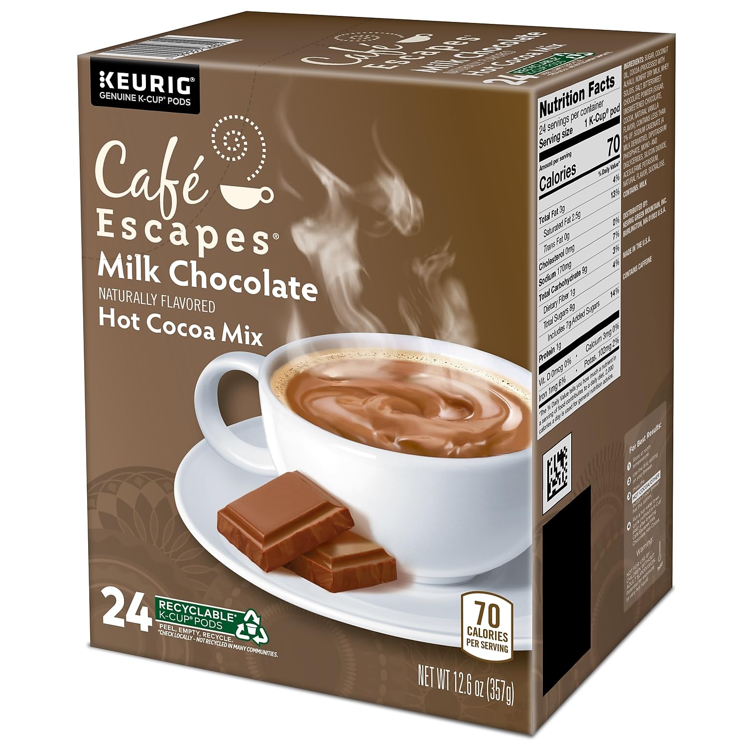 Café Escapes Cápsulas K-Cups de chocolate caliente oscuro para Keurig Brewers, 24 unidades, 24 unidades