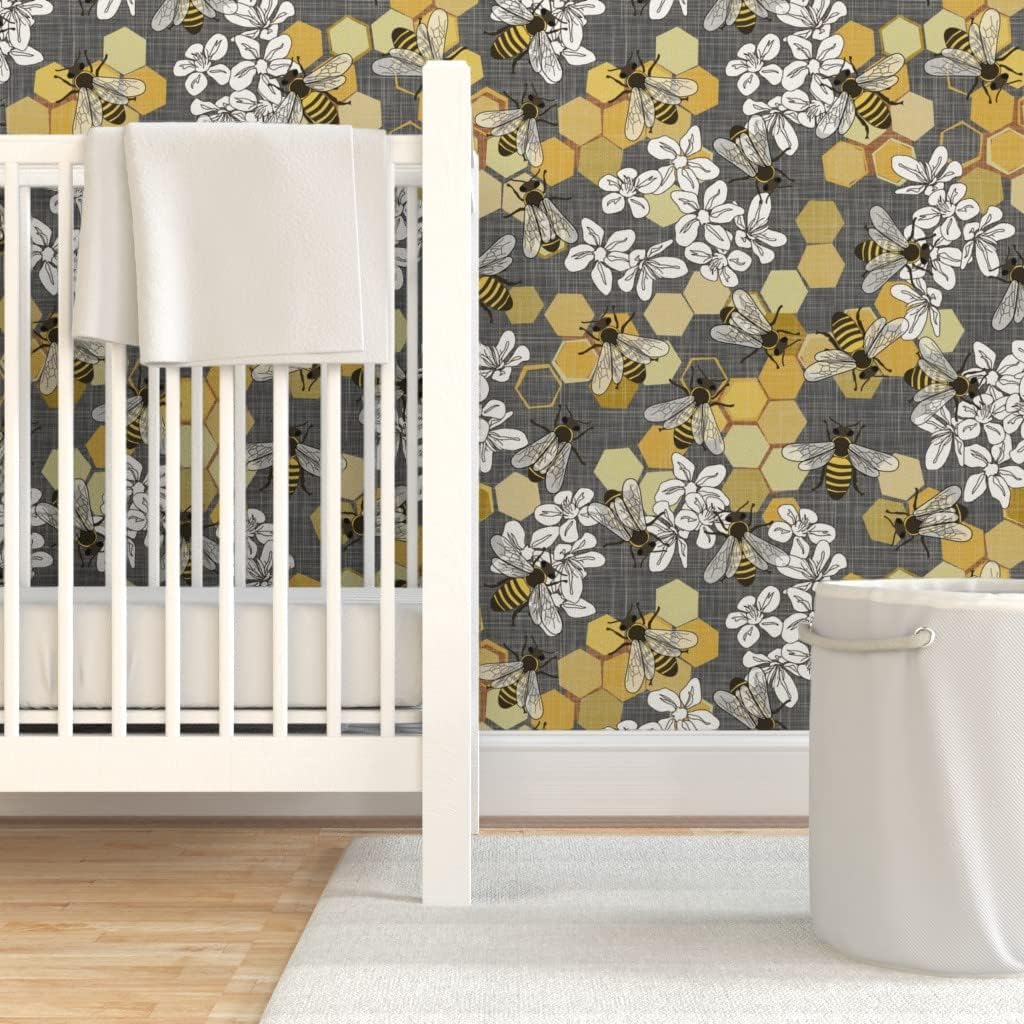 Spoonflower Papel tapiz autoadhesivo de 3 x 2 pies – Blanco Floral Naturaleza Insectos Amarillos Modernos Abejas Miel Gris Papel pintado extraíble
