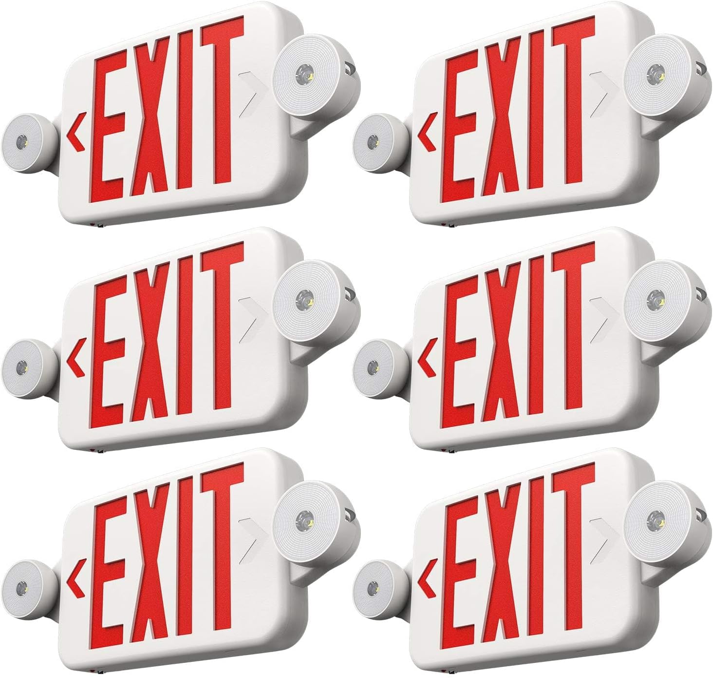 6 Pack Red Exit Signs with Emergency Lights, Two LED Adjustable Head Emergency Exit Light with Battery Backup,UL Listed, AC 120277V,Exit Sign Combo