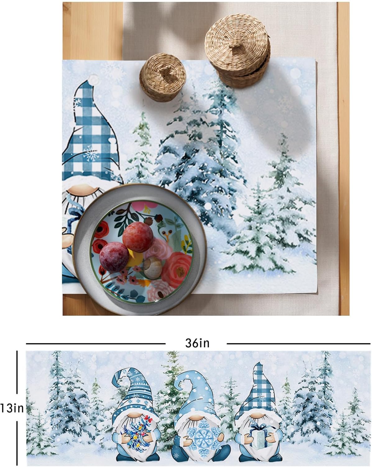Camino de mesa azul de Navidad de 36 pulgadas, corto, de lino de algodón, cocina, comedor, mesa de café, decoración de tocador, camino de mesa de