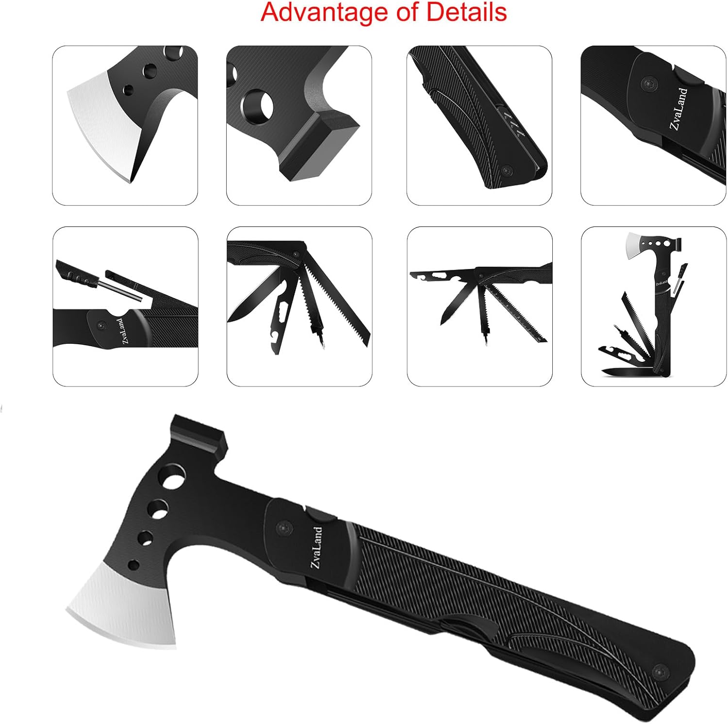Adventure – Juego de hachas multiherramienta 14 en 1 para campamento, senderismo, pesca. Hacha, martillo, cuchillo, sierra, abridor, iniciador de