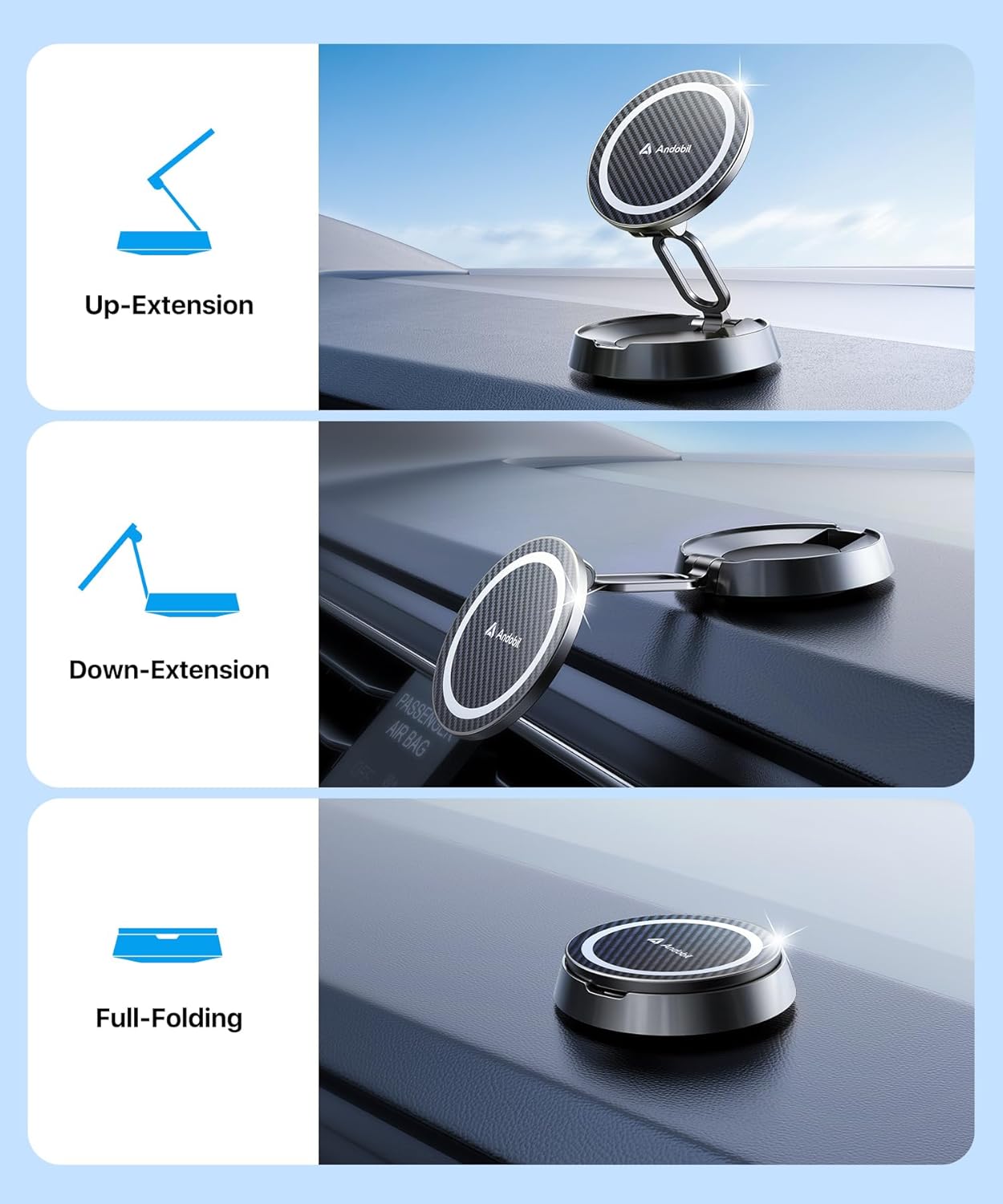 andobil Soporte plegable Magsafe de aleación para automóvil imán más fuerte, apto para teléfonos grandes Soporte magnético ultra estable para