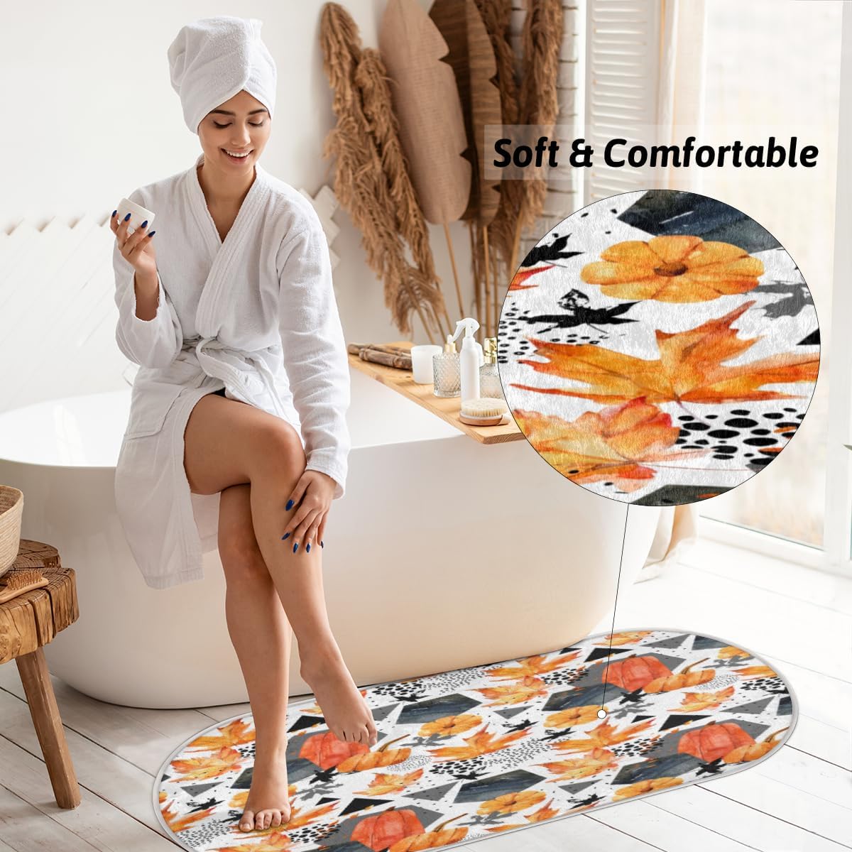Fall Pumpkin Maple Memory Foam Bathroom Rug Runner Soft Cozy Bath Rug Water Absorbent Non-Slip Bathroom Mat Thick Velvet Shower Mat Bath Mat for