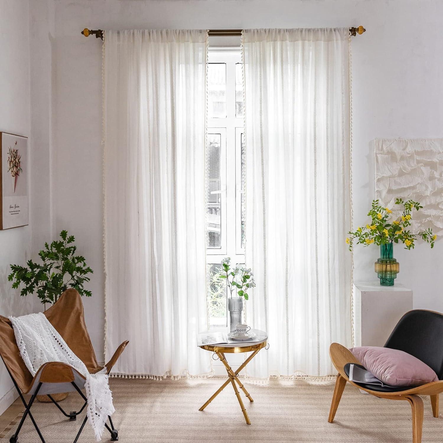 TOPSMCHER Cortinas bohemias de 84 pulgadas para sala de estar, 2 paneles bordados a rayas con borlas, cortinas de lino semiopacas para sala de