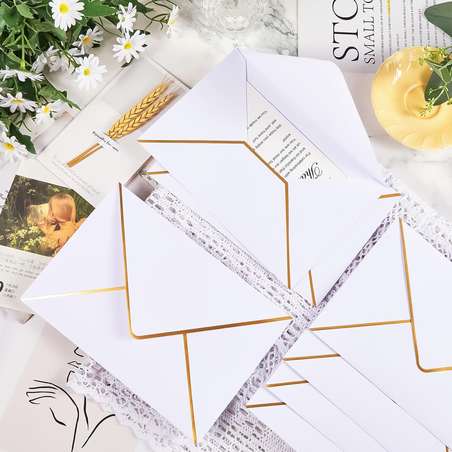 100 sobres de negocios, sobres blancos con solapa en V con borde dorado, sobres para tarjetas de regalo para oficina, correo, boda, baby shower,