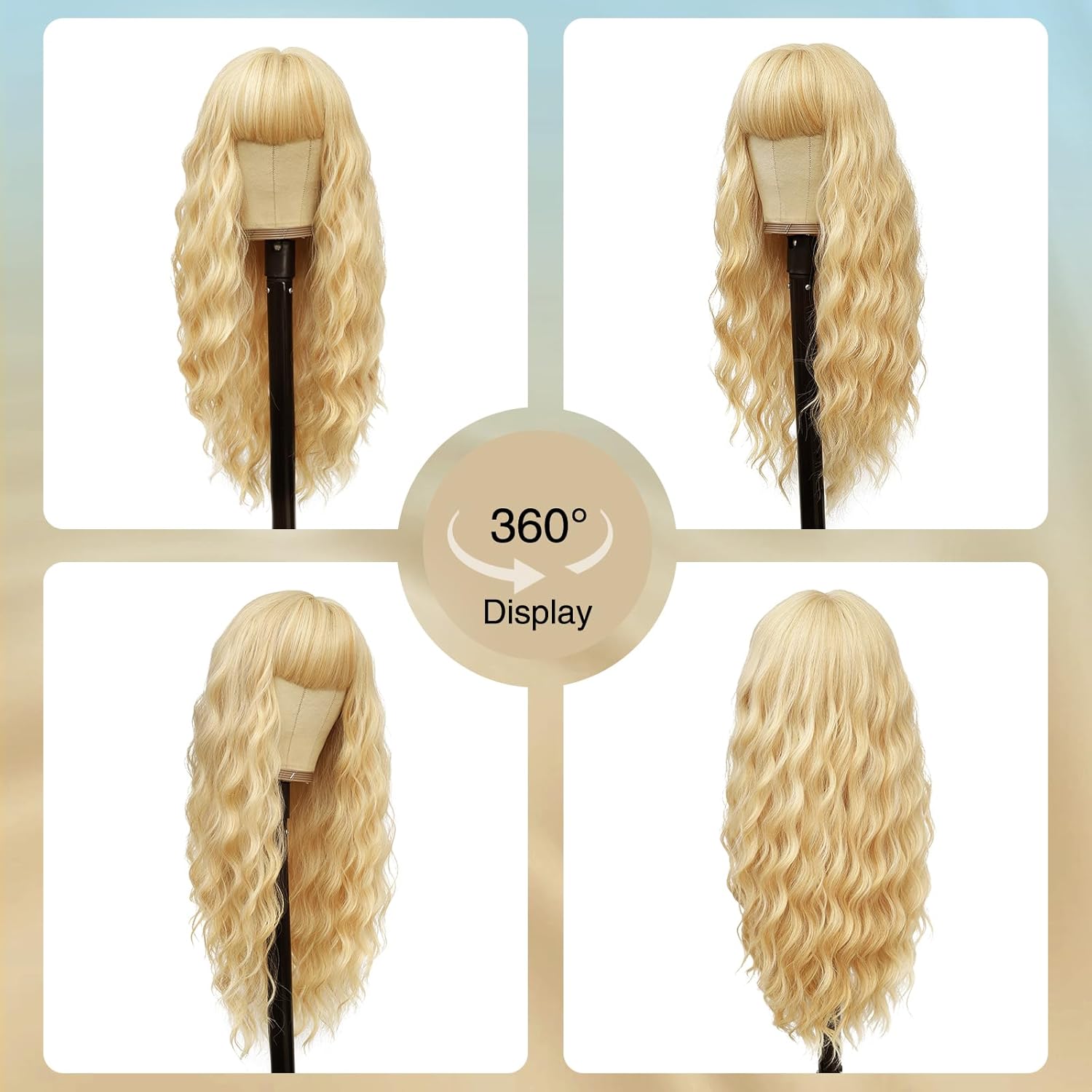 VERNA Peluca rubia con flequillo, pelucas rubias de 26 pulgadas de largo para mujer, peluca ondulada rubia de aspecto natural, peluca sintética