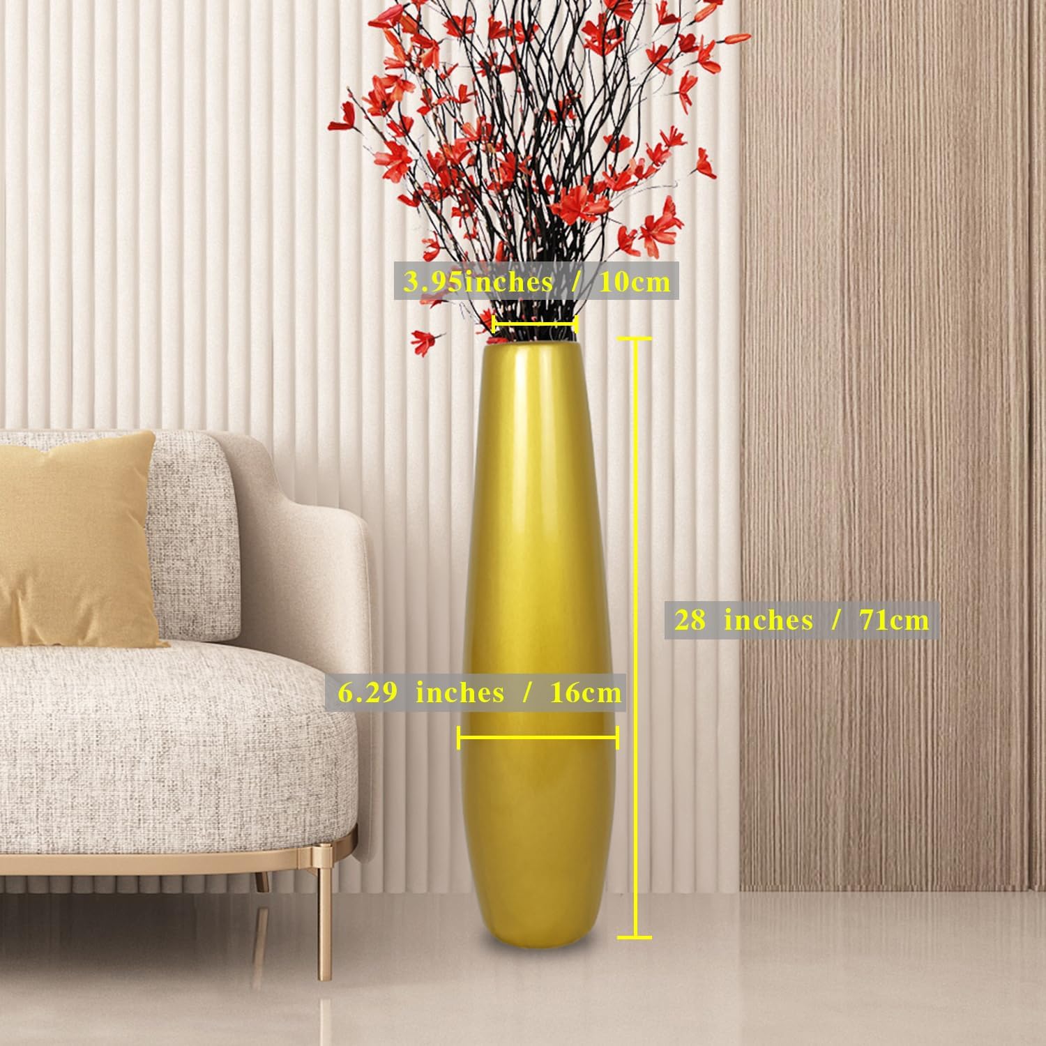 TDIAVH Jarrón de cerámica dorado de 28 pulgadas de alto, jarrones grandes y modernos para decoración de sala de estar, jarrón de mimbre grande para