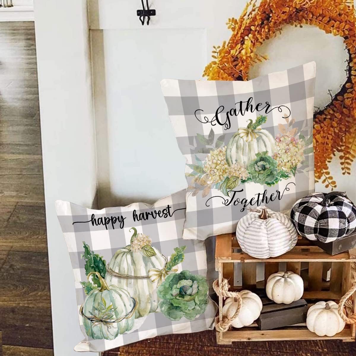 Juego de 4 fundas de almohada de calabaza otoñal de 18 x 18 pulgadas, diseño de calabaza, gris, búfalo, a cuadros, para otoño, Acción de Gracias,
