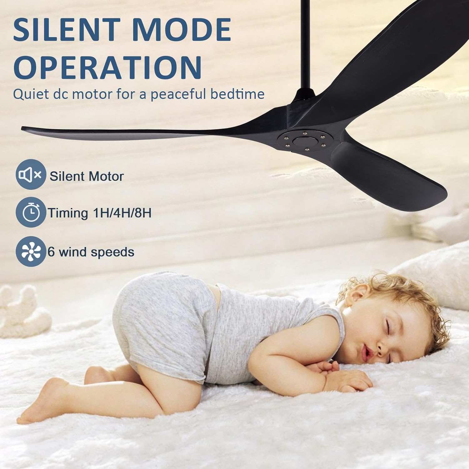 BOOMJOY Ventilador de techo de madera moderno de 60 pulgadas sin luces, motor CC reversible sin ruido, ventiladores de techo de 60 pulgadas para