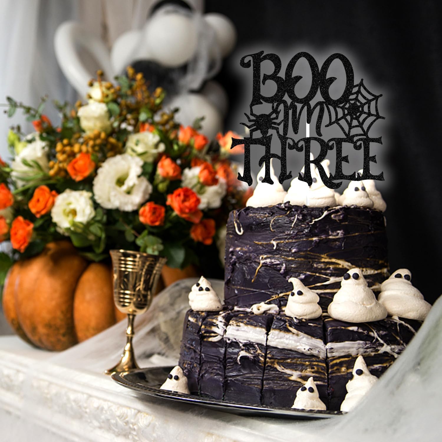 Decoración negra con purpurina I’m Three Cake Top, feliz 3er cumpleañosBaby Boo, decoración de fiesta de baby shower con temática de Halloween para