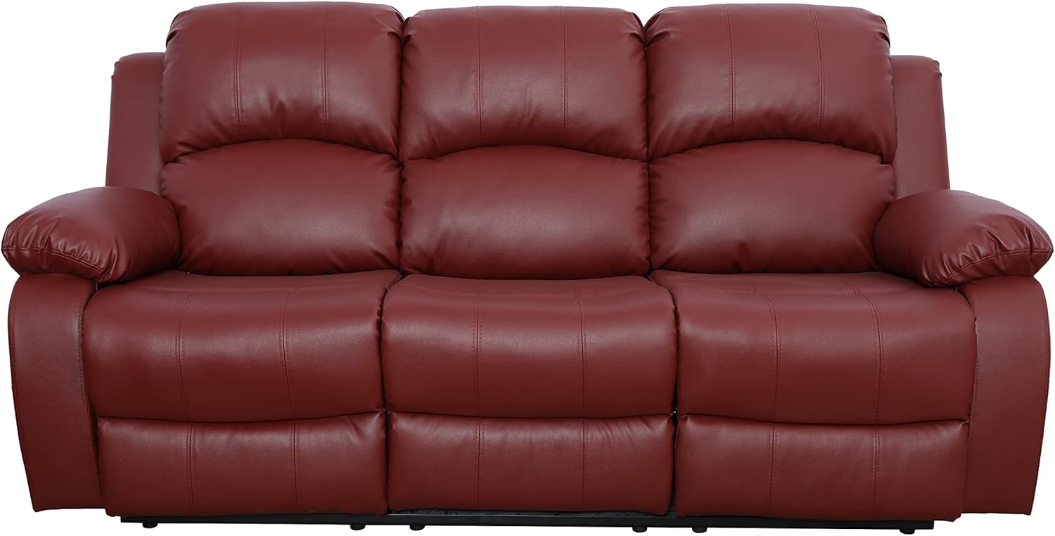 GS28XX – Juego de sofá reclinable de 3 piezas, tapicería de cuero regenerado, manual con mesa desplegable y consola central (rojo, 3 piezas)