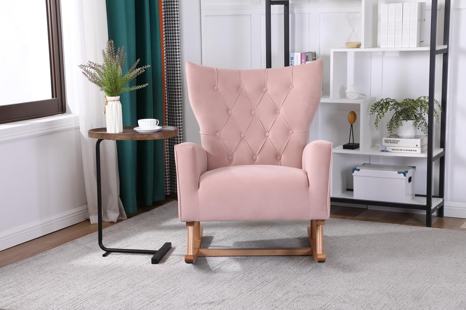 TRIPLE TREE Mecedora de terciopelo, moderna silla mecedora tapizada con respaldo alto, cómoda mecedora con asiento acolchado y base de madera, silla