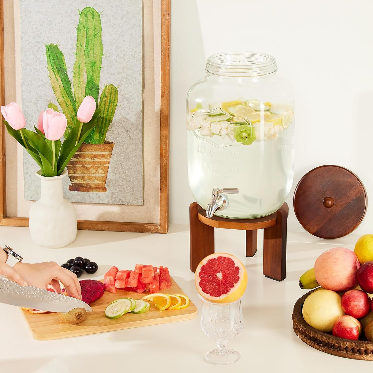 Dispensador de bebidas de vidrio con soporte de madera, dispensador de bebidas de 1 galón para fiestas con espiga de acero inoxidable 188 a prueba