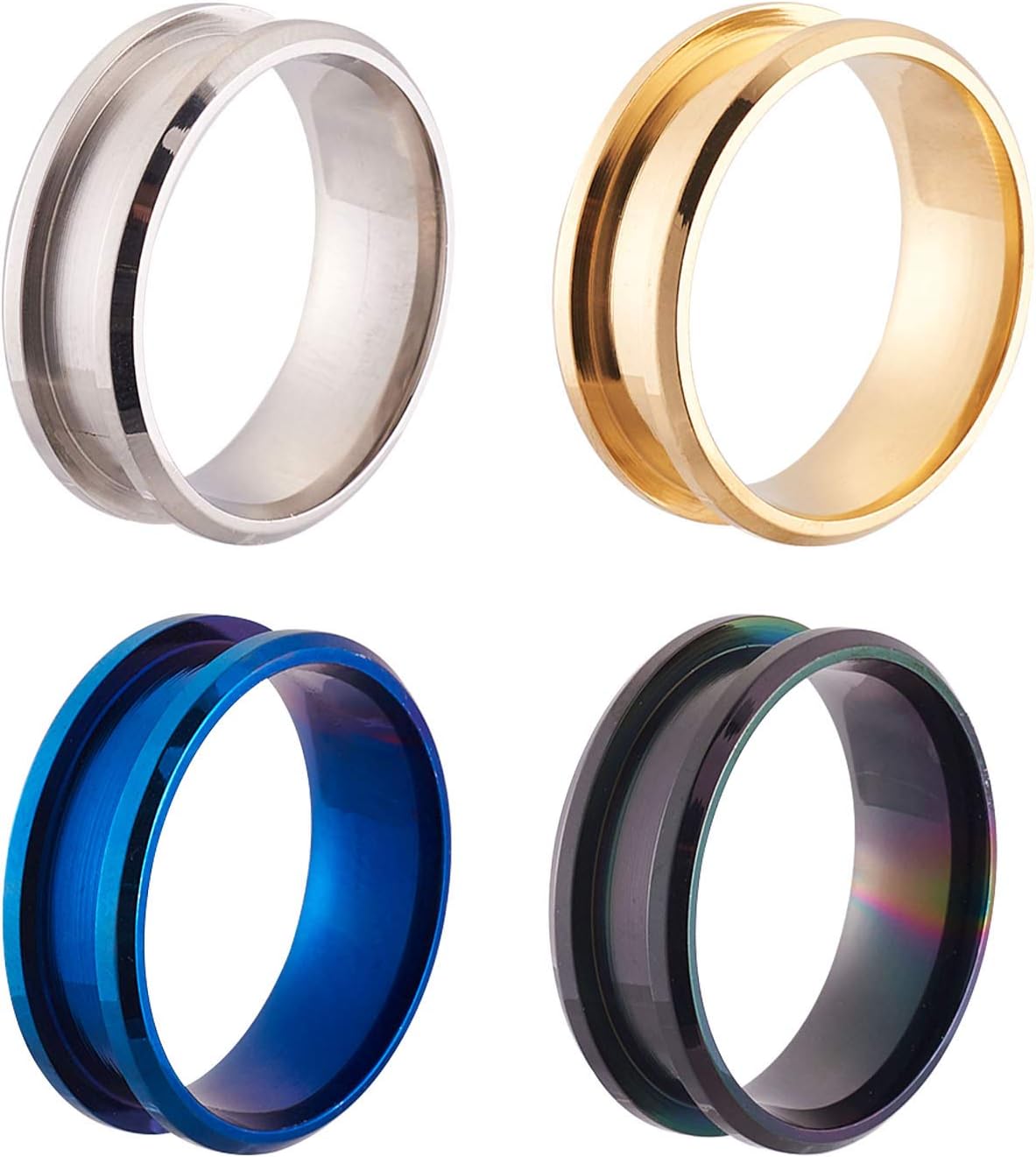 4 anillos de acero inoxidable con núcleo en blanco de 0.295 in de alto pulido, anillo de dedo ranurado para hombre, fabricación de joyas, 4 colores,