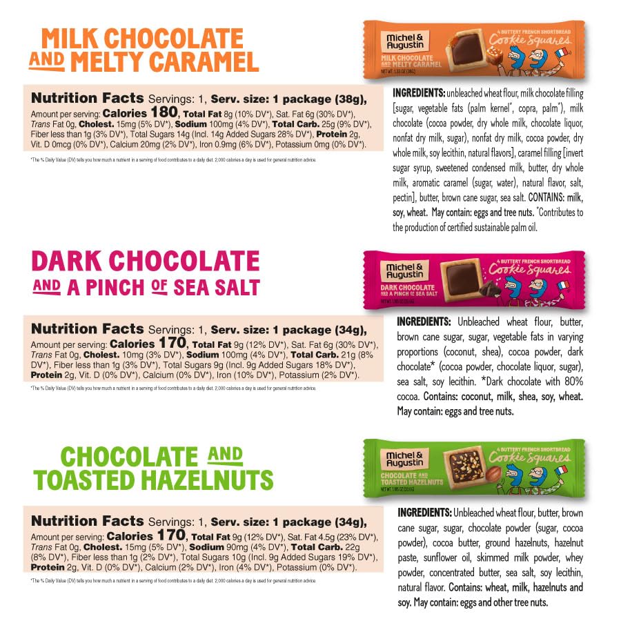 Michel et Augustin Cuadros de galletas de chocolate gourmet  Barras de galletas europeas envueltas individualmente  Chocolate negro y sal marina +