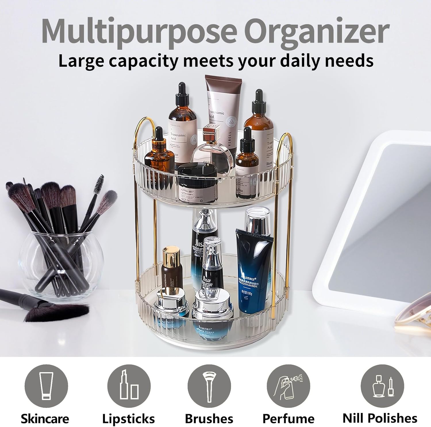 Asayuee Organizador de maquillaje giratorio de 360 grados, 2 niveles de gran capacidad, organizadores de maquillaje y almacenamiento, organizadores