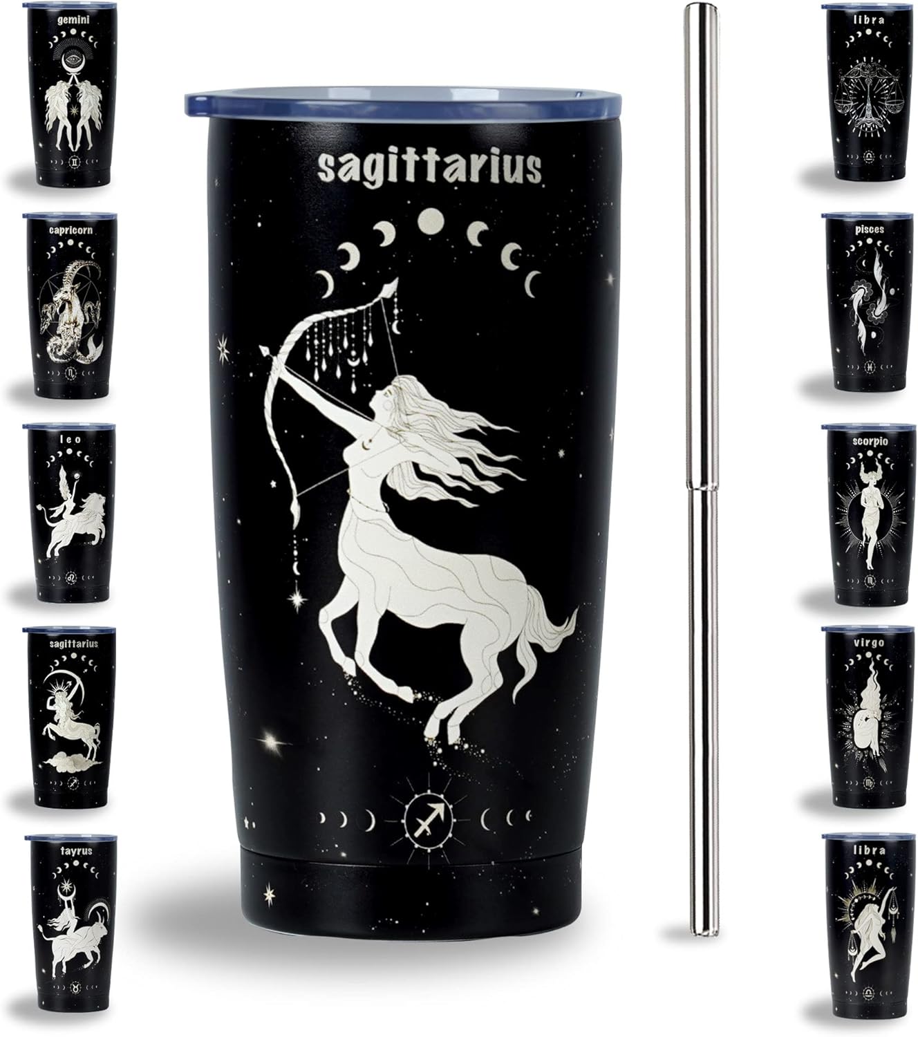 Vaso del zodiaco de Sagitario, regalo perfecto de astrología para mujeres y hombres, taza de viaje aislada de acero inoxidable de 20 onzas con tapa
