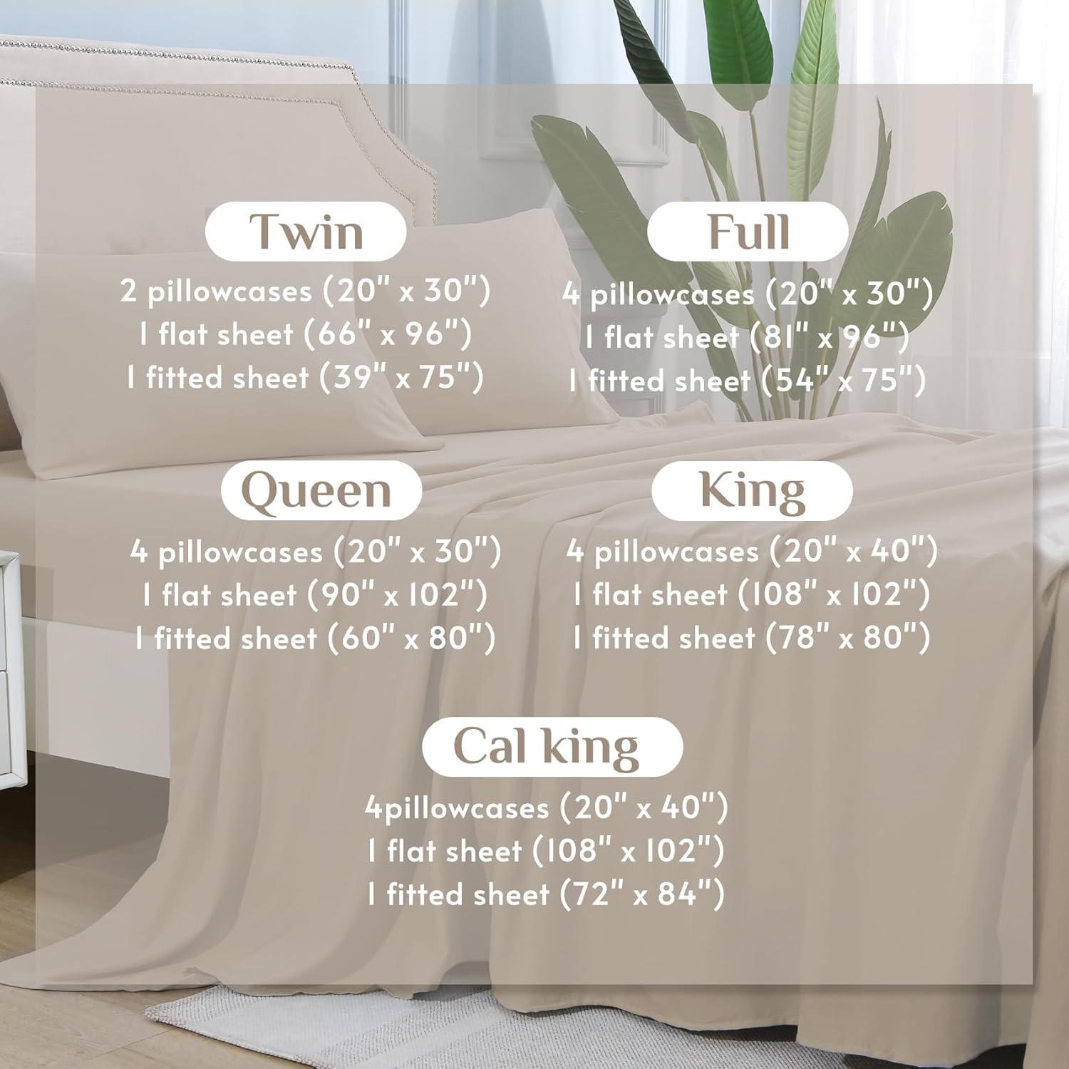 JOLLYVOGUE Juego de sábanas de 6 piezas color beige tamaño Queen para dormitorio con bolsillo profundo, sin arrugas y refrescante, juego de sábanas