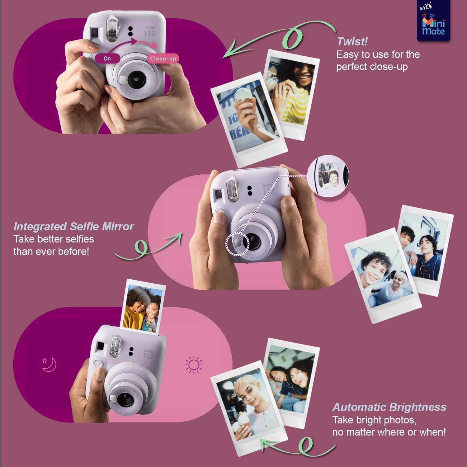 Fujifilm Instax Mini 12 – Cámara instantánea color blanco arcilla + funda personalizada mínima + película Fuji Instax de 20 hojas, paquete doble