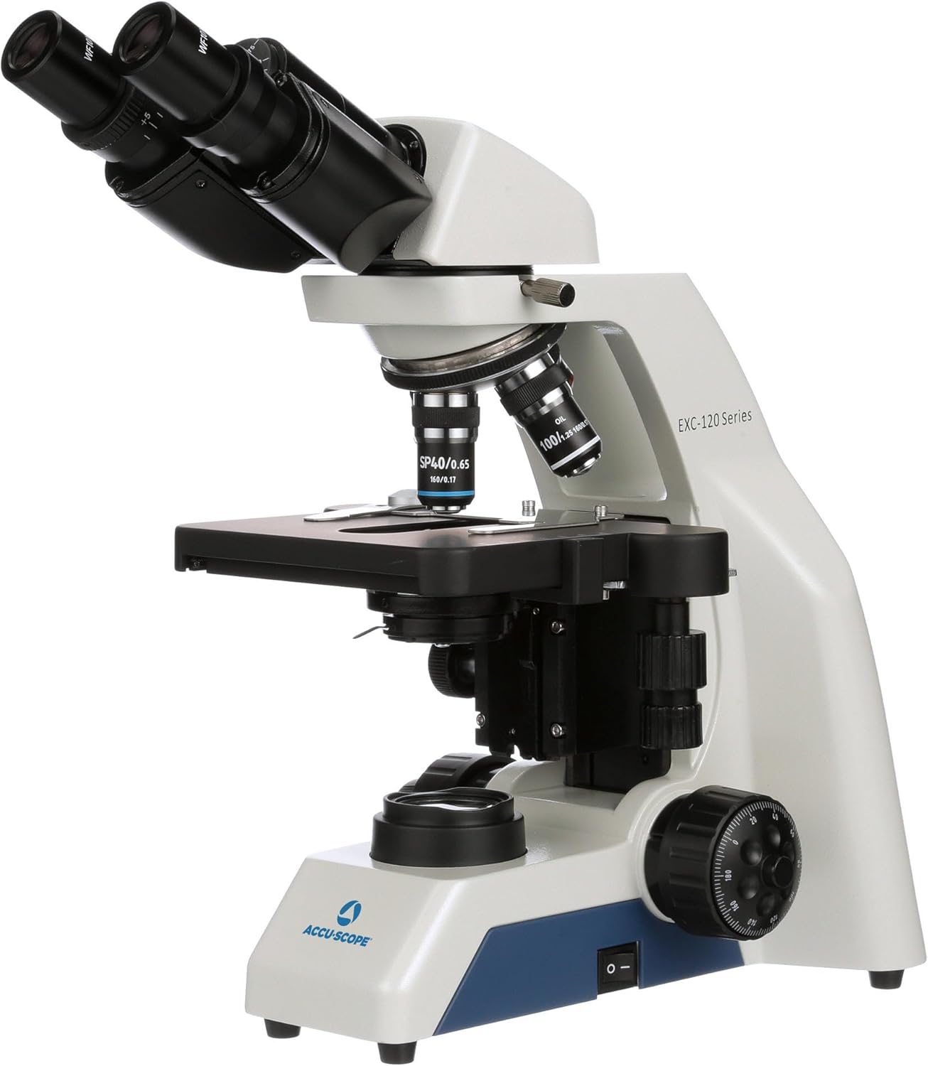 Microscopio compuesto EXC-120 de Accu-Scope – cabeza binocular, aumento 40-1000X, objetivos del acromato, etapa mecánica