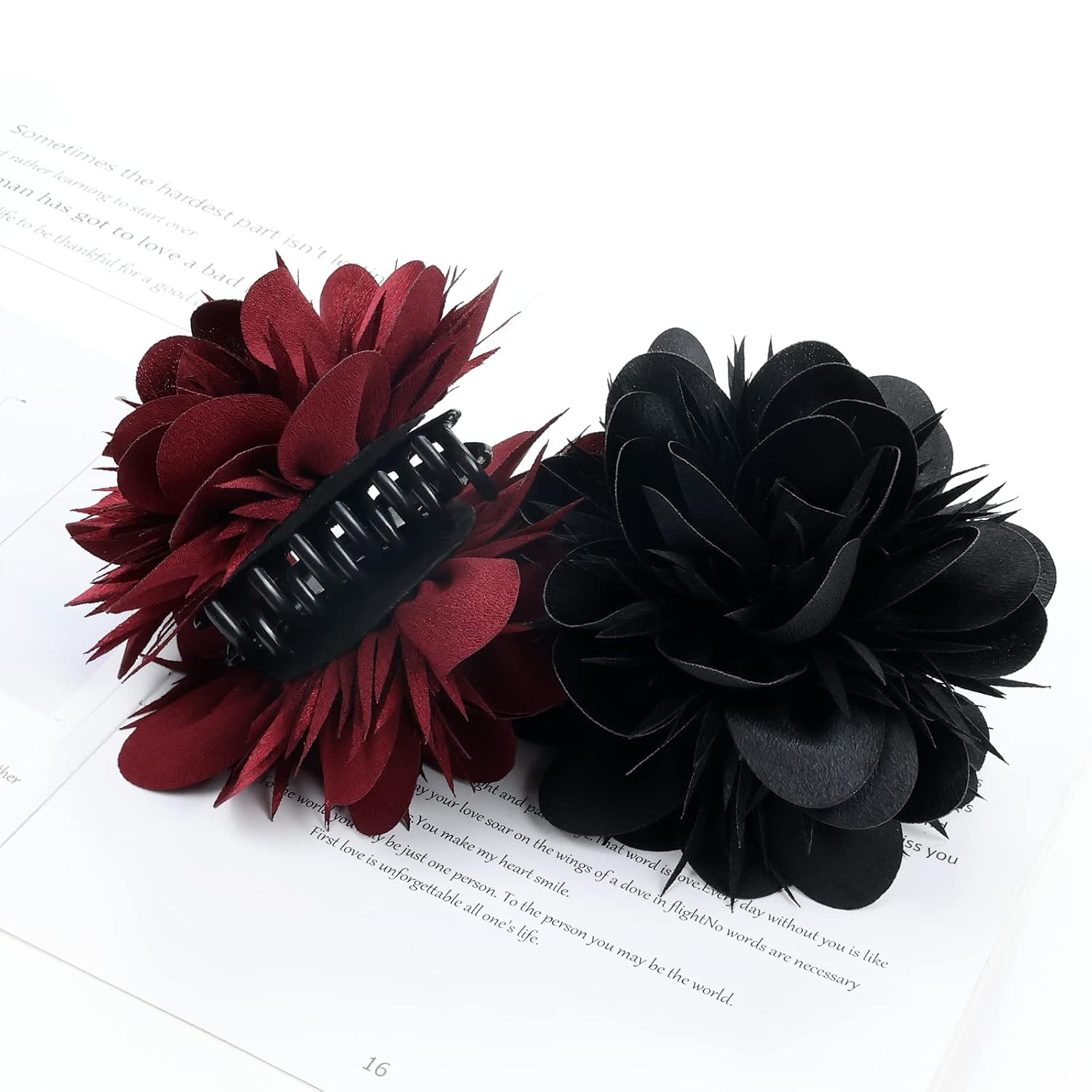 Paquete de 4 pinzas de plástico para el cabello con flores de satén grandes, pasadores, mandíbulas, abrazaderas, soportes para moño, accesorios para