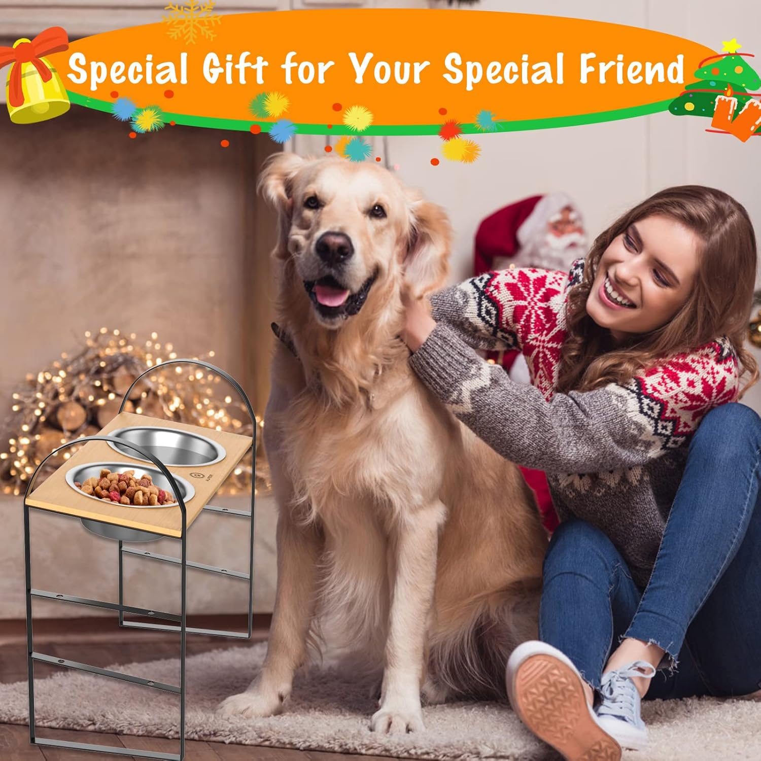 Cuencos elevados para perros, cuencos elevados ajustables para perros con 2 cuencos de acero inoxidable, soporte de bambú para alimentos para