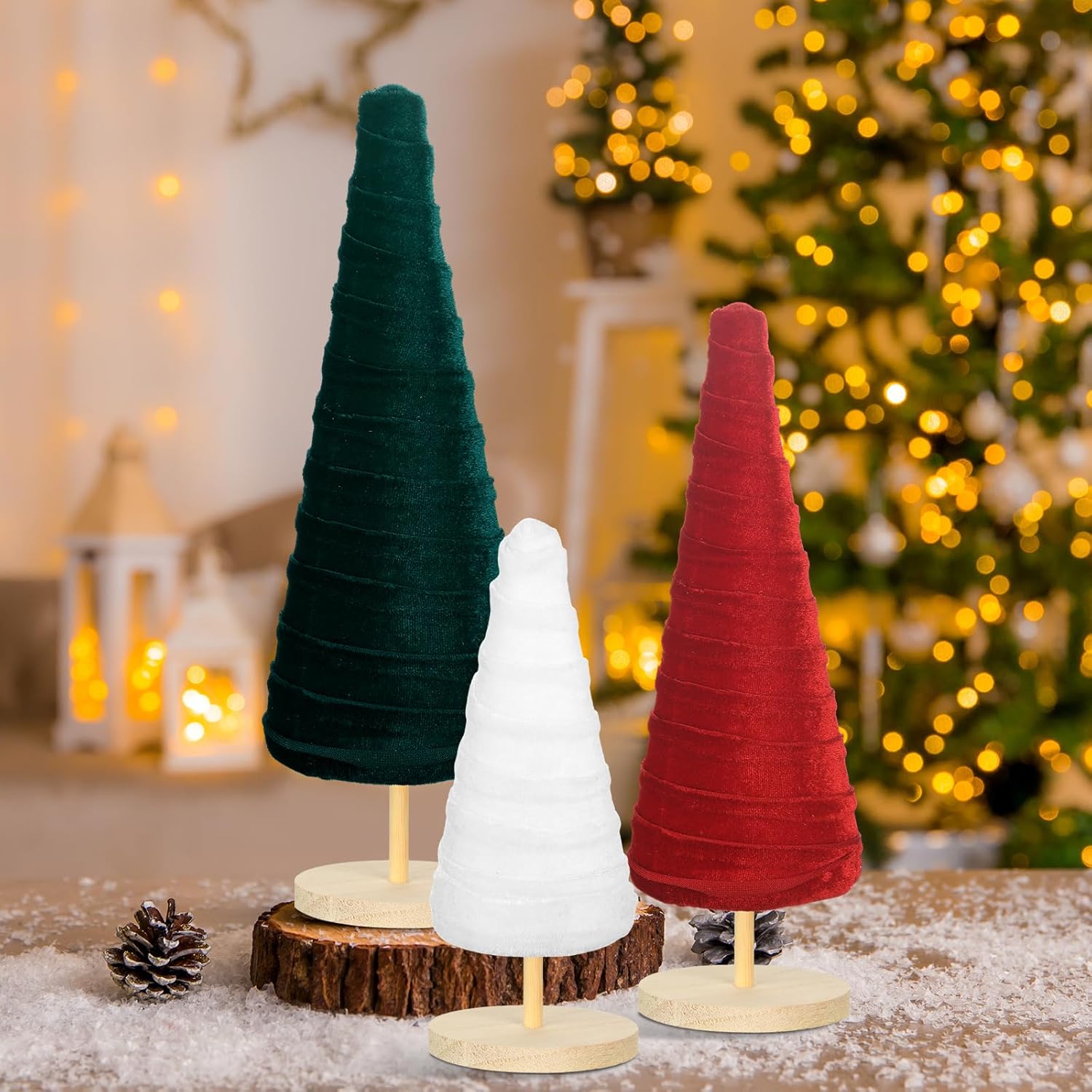 Juego de 3 árboles de terciopelo con pedestal de Navidad, decoración moderna para árbol de invierno, 3 tamaños, decoraciones de terciopelo de
