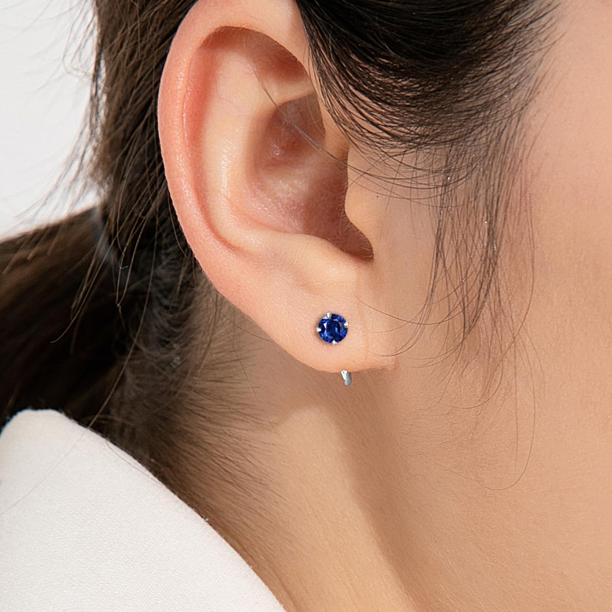 Royal Blue Sapphire Earrings in Sterling Silver, Stackable Small Half Hoop Earrings, Dainty Tiny Stud Earrings, Cute 2nd Hole Earrings, Christmas