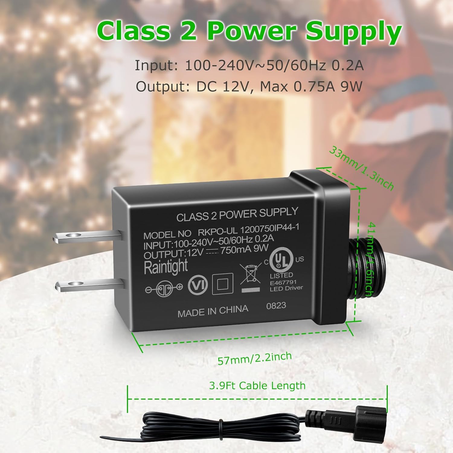 LightingWill Fuente de alimentación de clase 2 de 12 V, 9 W, adaptador de corriente inflable IP44, transformador de bajo voltaje de CA a CC,
