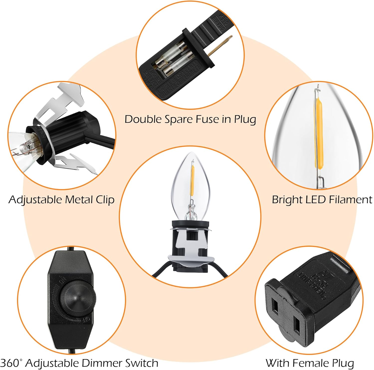 Meonum Cable accesorio con 9 bombillas LED, cable de luces de pueblo navideño de 18 pies con interruptor de atenuación, luces de molde de soplado C7