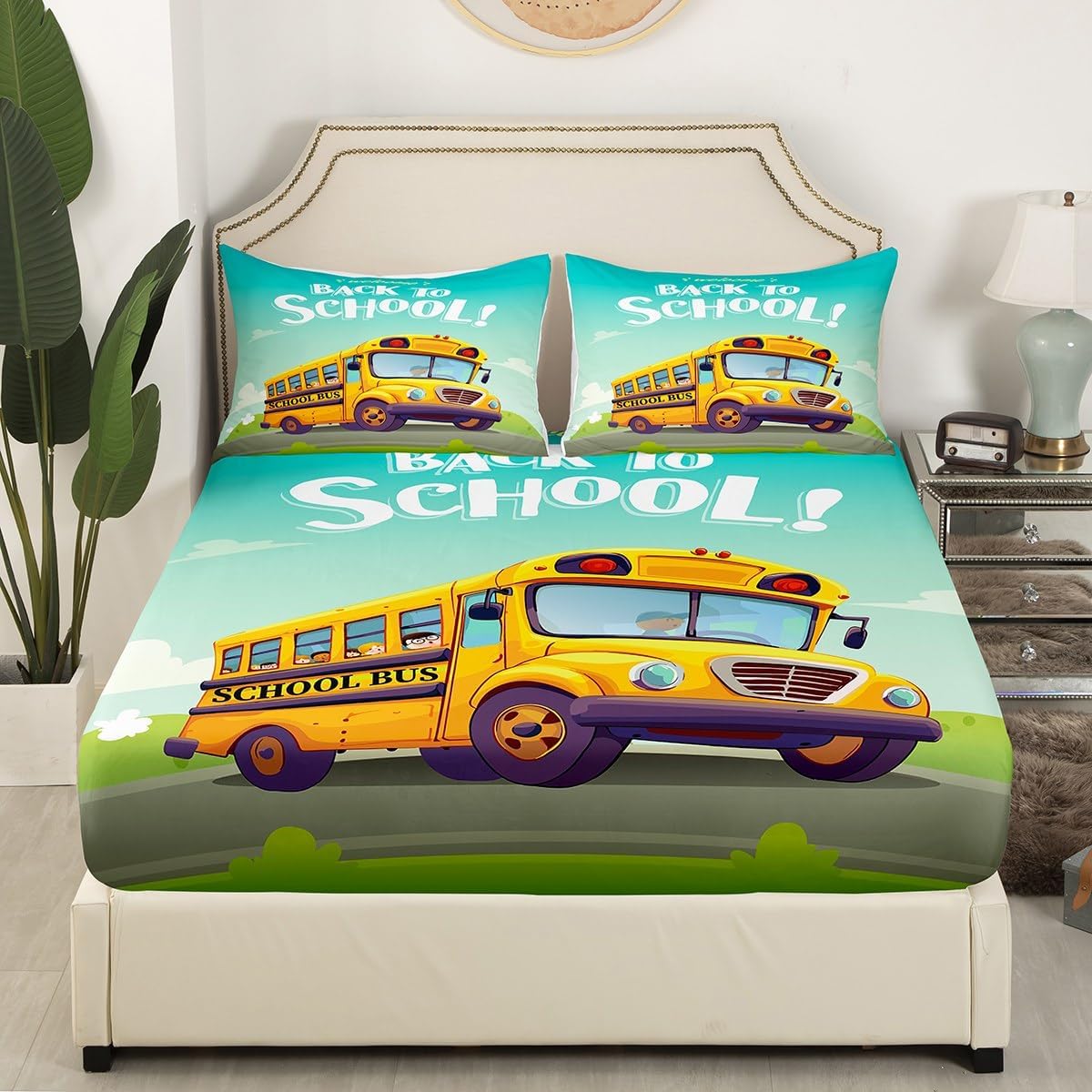 Erosebridal Juego de cama de autobús escolar, sábana bajera con estampado de auto amarillo, sábanas de vehículos escolares de dibujos animados,