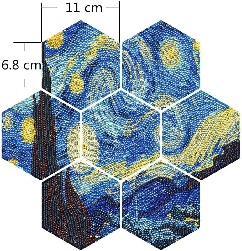 Kits de pintura de diamantes Posavasos Starry Night, 7 posavasos hexagonales de arte de diamantes con soporte, kits de pintura de diamantes pequeños