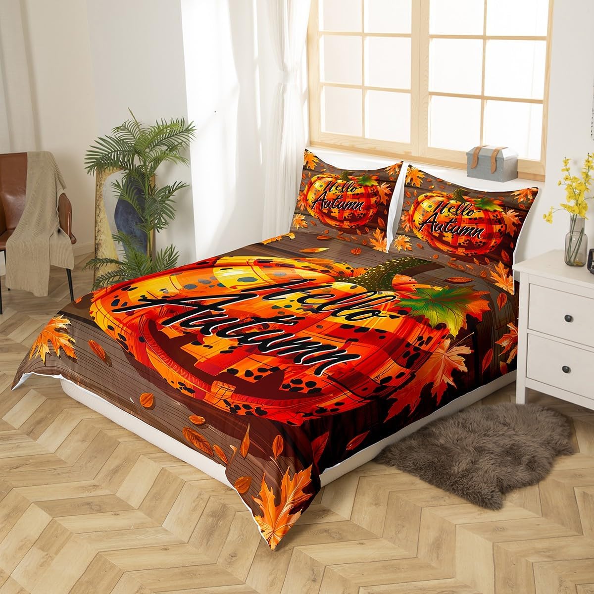 Manfei Juego de funda de edredón de calabaza de otoño, tamaño matrimonial, funda de edredón de calabaza leopardo a cuadros con 2 fundas de almohada,
