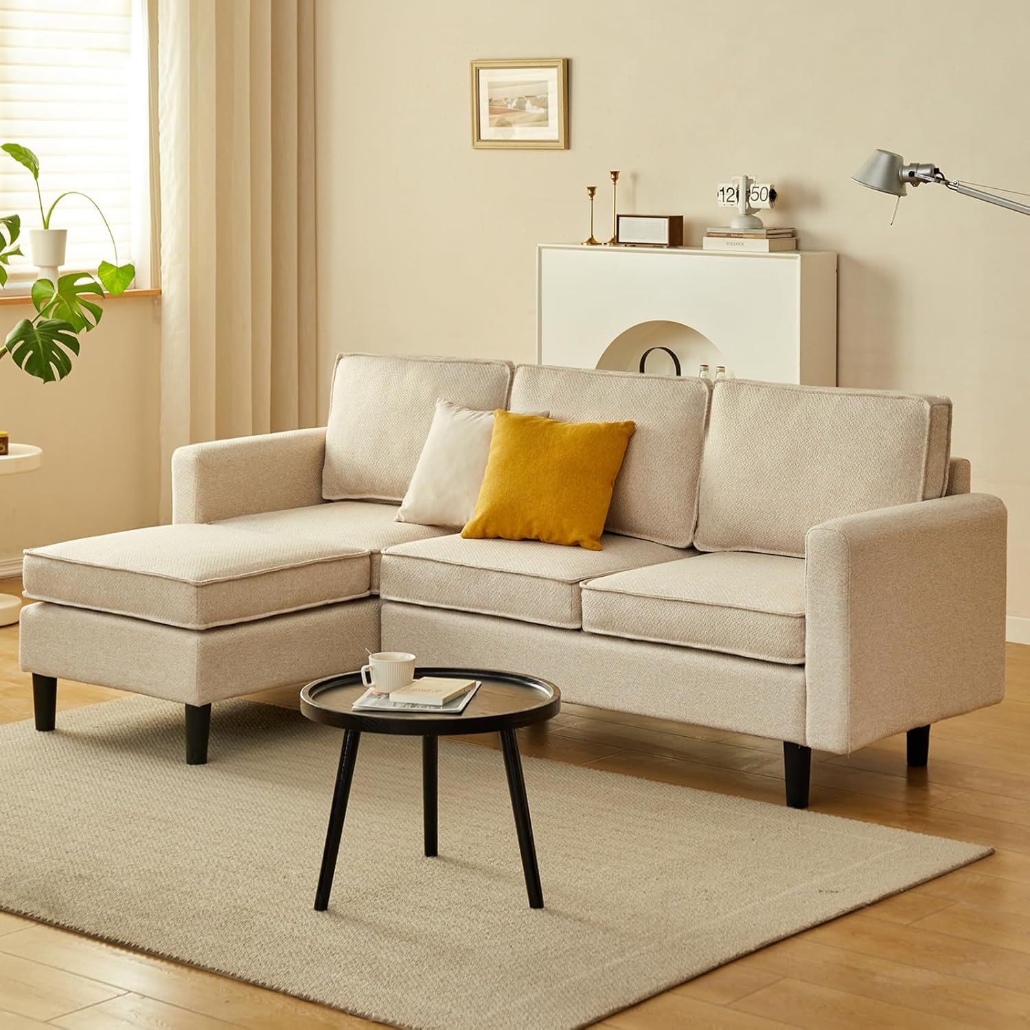 Cpintltr Sofá en forma de L, sofá futón de lino de 3 asientos, sofá cama convertible con patas de madera cónicas, sofás modernos de mediados de
