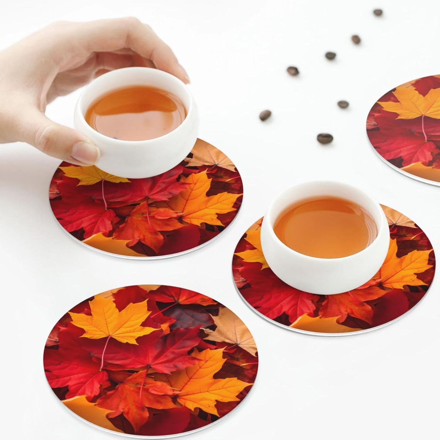 Juego de 6 posavasos de cuero con hojas de otoño para bebidas para mesa de centro para inauguración de la casa, cocina, bar, decoración de forma