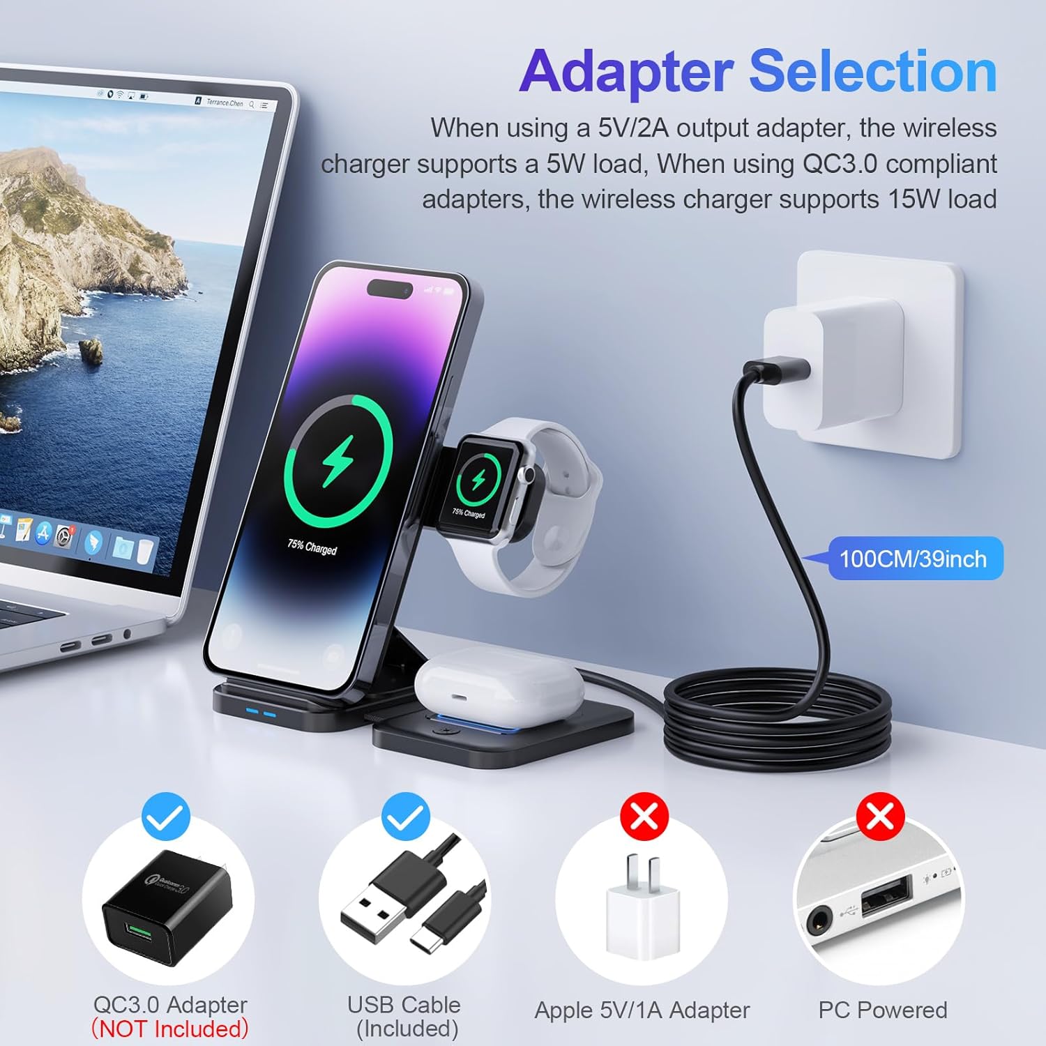 Cargadores inalámbricos para teléfono celular, estación de carga 3 en 1 para múltiples dispositivos para iPhone 15 14 13 12 11 Pro Max XR XS 8 Plus,