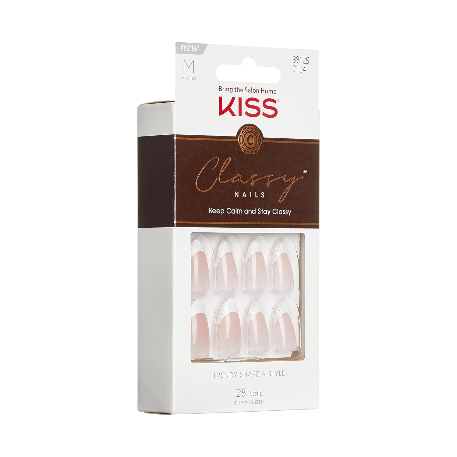KISS Uñas a presión con clase, pegamento de uñas incluido, color blanco claro, tamaño mediano, forma de almendra, incluye 28 uñas, 0.07 onzas de