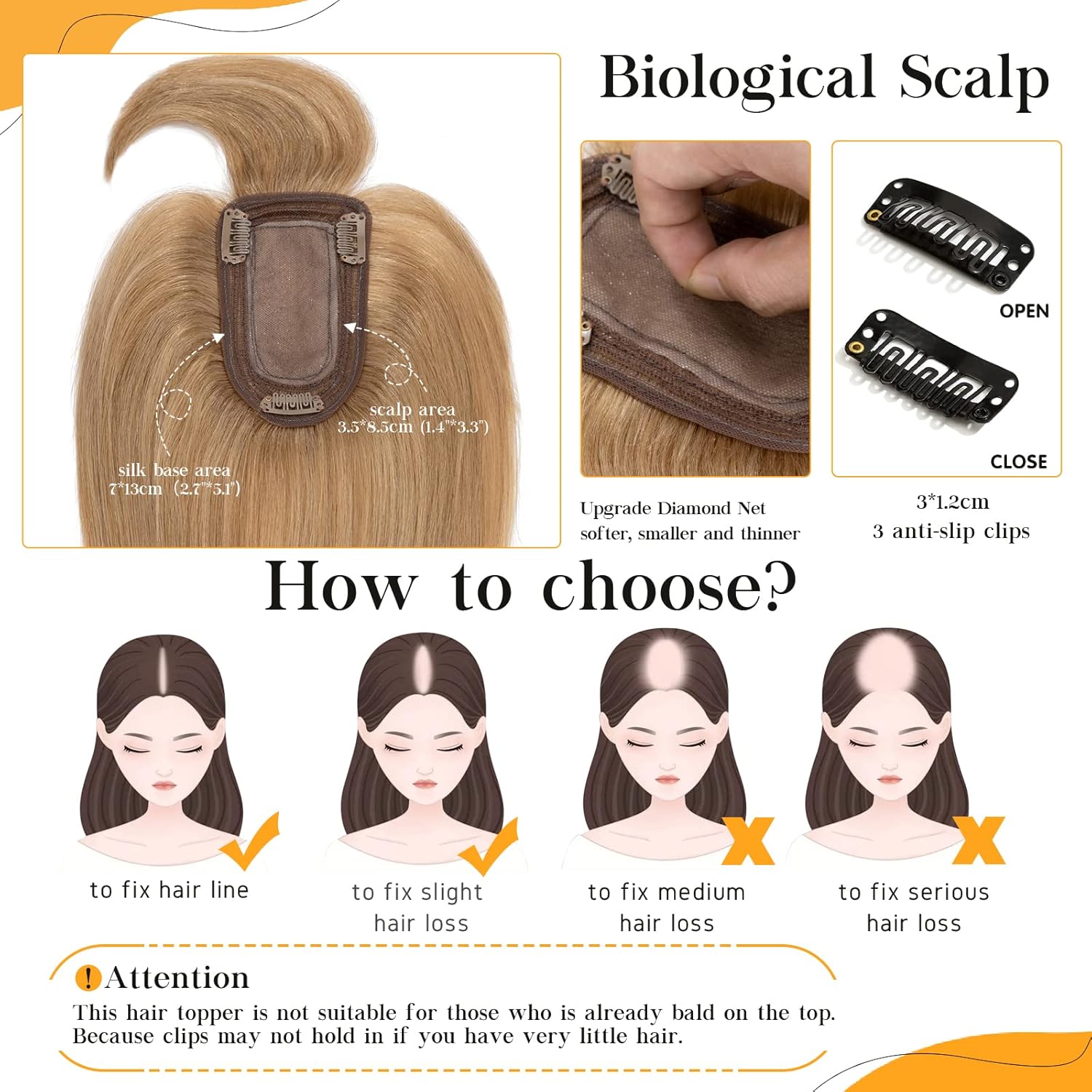 S-noilite Toppers para el cabello humano real con flequillo, 6 pulgadas, color rubio oscuro #27, base de seda, clip en la parte superior para