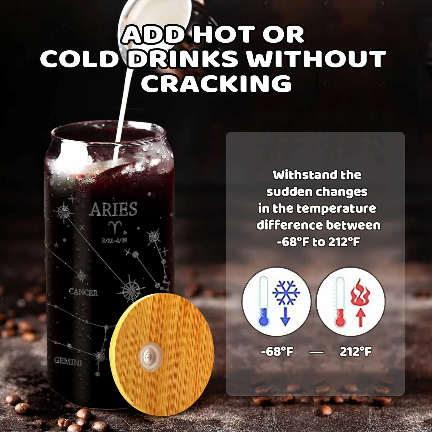 Aries – Tazas de café helado de 20 onzas  Tazas de vidrio con tapas y pajitas  Vaso de vidrio de constelación de astronomía con tapa de bambú y