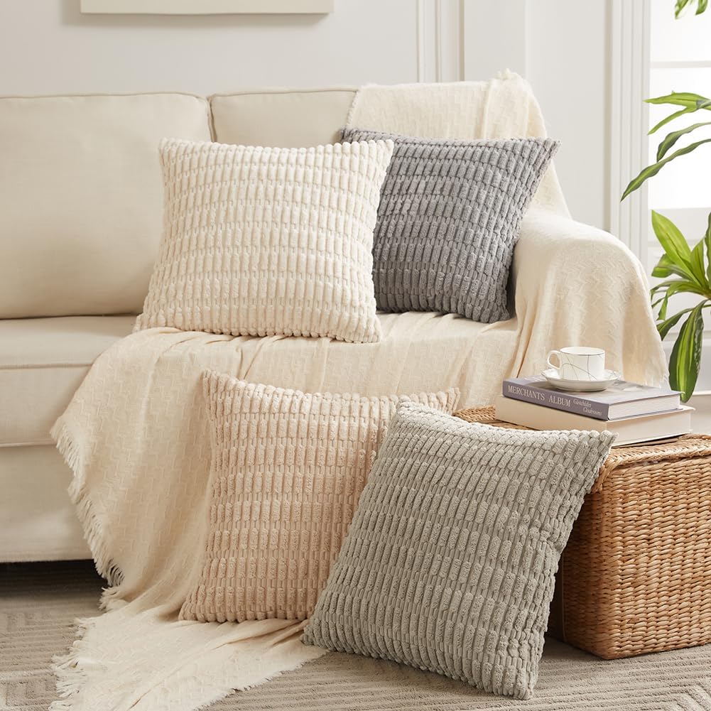 Fancy Homi Paquete de 4 fundas de almohada decorativas neutras de 22 x 22 pulgadas para sala de estar, sofá, cama, sofá, rústico, bohemio,